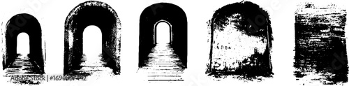Grunge black and white tunnel silhouettes set for urban art design