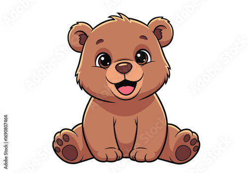 Adorable cartoon baby bear sitting happily with open mouth and big eyes