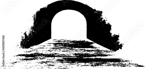 Grunge black and white illustration of dark tunnel with textured arch for urban design