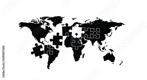 Global world map formed by interconnected puzzle pieces, symbolizing unity and connection.