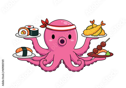 Cute pink octopus chef serves delicious sushi and tempura dishes delicately