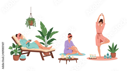 Serene spa and wellness scene with people enjoying relaxation yoga and meditation amidst lush green plants and soothing ambiance