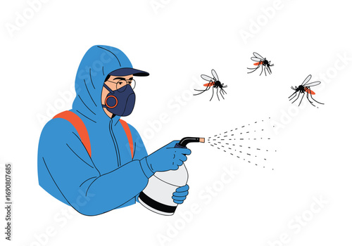 Pest control professional spraying insecticide to eliminate flying insects outdoors at daytime