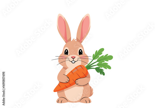 Cute cartoon bunny rabbit holding a fresh juicy carrot with green leaves happy easter celebration