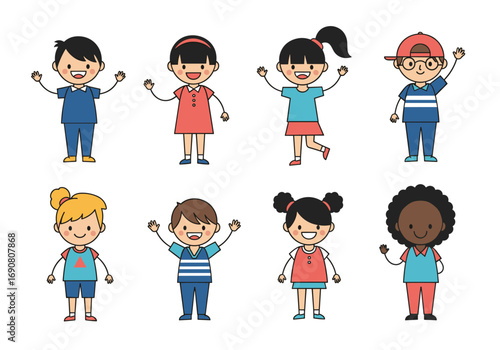A diverse group of happy cartoon children celebrating childhood together with joyful expressions