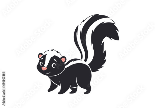 Adorable baby skunk with black and white stripes walking in field