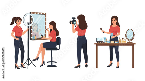 Creative woman applying makeup in front of a vanity mirror with ring light and filming with a camera