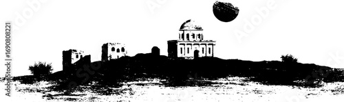 Grunge black and white desert landscape with ruins and moon silhouette for artistic poster design
