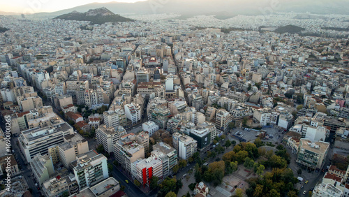 Fototapeta Naklejka Na Ścianę i Meble -  Aerial view around the capitol city Athens in Greece on an early sunny morning in fall.