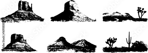 Monochrome grunge desert landscape illustrations set for artistic design projects