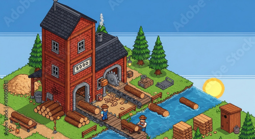 Isometric sawmill illustration showcasing the lumber industry, with logs, a river, and workers, creating a charming and detailed scene of wood production