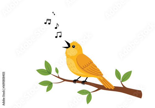 A small yellow bird sings beautifully perched on a leafy branch with musical notes floating above its head