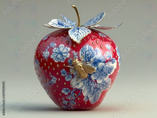 elegant strawberry art print: porcelain-like blue floral patterns with vintage bee motif, perfect for sophisticated interior decor and art posters