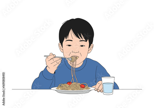 Young boy happily enjoys eating a delicious plate of spaghetti for lunch