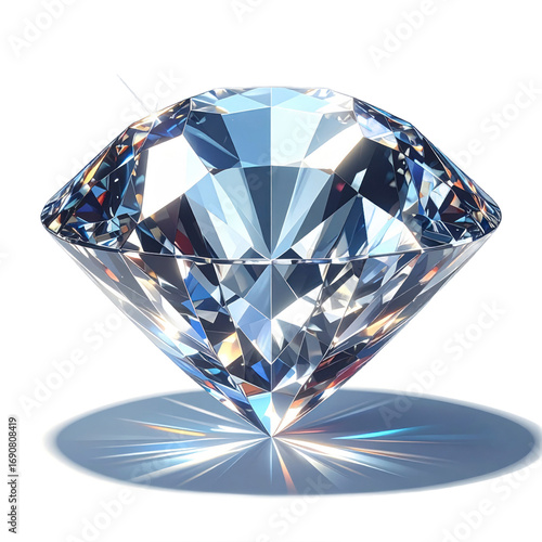 Large Faceted Diamond Isolated on Transparent Background with Light Reflections and Shadows