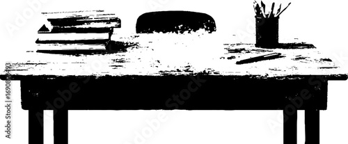 Grunge black and white desk illustration with books and pencils for vintage design