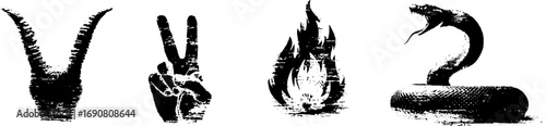 Grunge black and white devil themed illustration set for creative design
