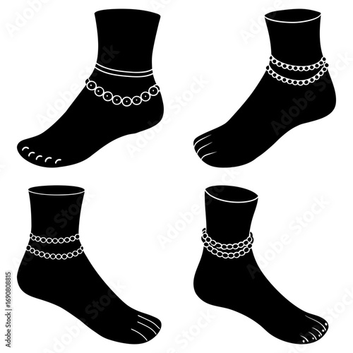 Four black and white images of feet wearing anklets with varying designs and bead arrangements shown