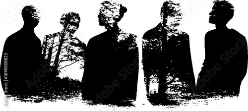 Grunge black and white silhouette set with distorted tree textures for artistic design