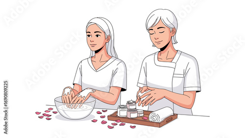 Two women in chef uniforms preparing food in a kitchen with ingredients and utensils on a table