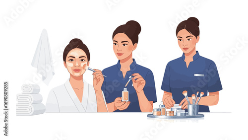 Three diverse women applying skincare products and makeup in a spa or beauty salon setting with serums and brushes
