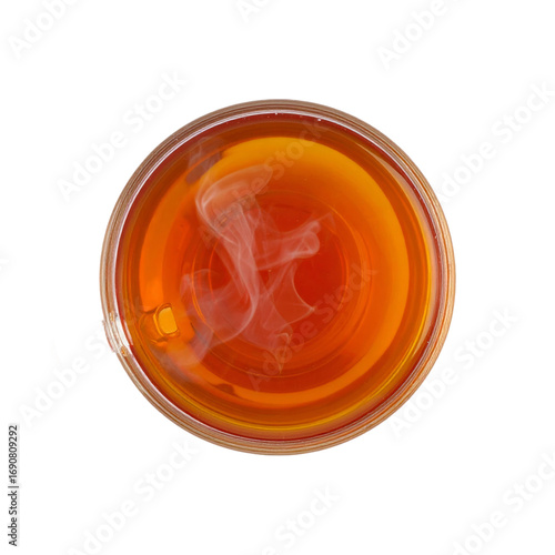 Overhead View of a Glass Cup of Hot Tea with Steam on Transparent Background