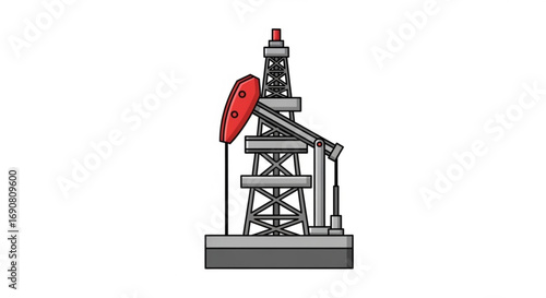 Illustration of an oil pump jack, a machine used to extract petroleum from an oil well with red and gray color