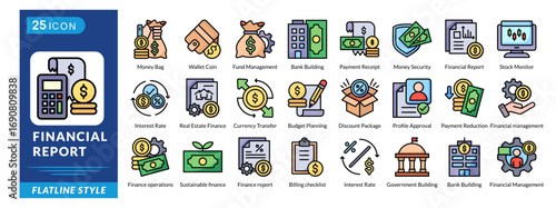 Financial Report icon set in flatline style, featuring Money Bag, Wallet Coin, Fund Management, Receipts, Security, and Stock Monitoring.