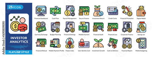 Investor Analysis icon set in flatline style, featuring Budget Planning, Cash Flow, Credit Cards, Secure Finance, Savings Jar, and Audits.