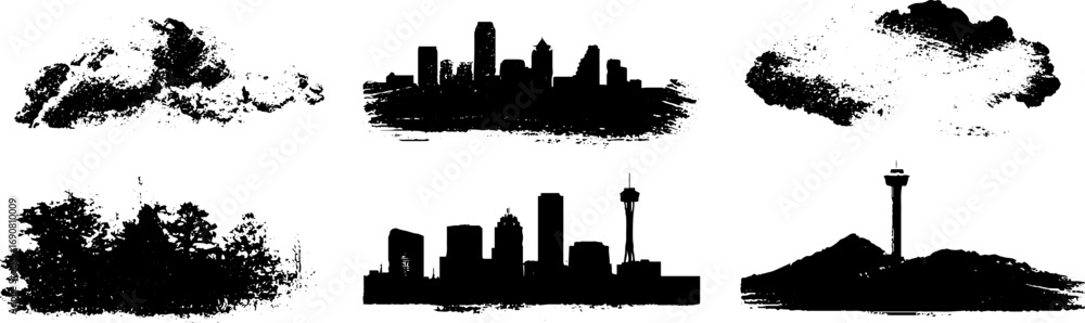 Fototapeta premium Black and white grunge cityscape and nature silhouettes for urban art design