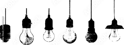 Grunge black and white hanging light bulbs set for vintage design