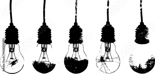 Black and white grunge light bulb illustrations for urban art and design