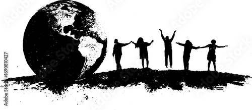 Black and white grunge illustration of earth with celebrating people silhouettes