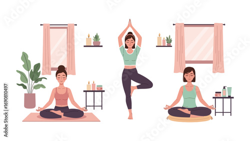 Three diverse women practicing yoga at home in a bright modern living room with plants and windows