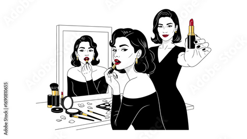 Elegant woman applying vivid red lipstick in front of a mirror with a second woman holding the lipstick tube and looking confidently forward