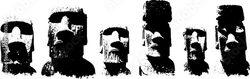 Grunge black and white easter island moai silhouettes for art and design