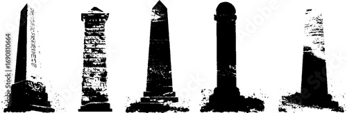 Grunge black and white egyptian monument silhouette set for artistic design