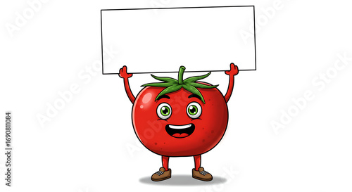 Cheerful Cartoon Tomato Character with Smiling Face Holding Blank White Sign on Bright Background
