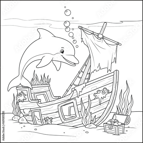 Cute Cartoon Dolphin and Sunken Shipwreck with Treasure Chest - Underwater Scene Outline for Coloring Book