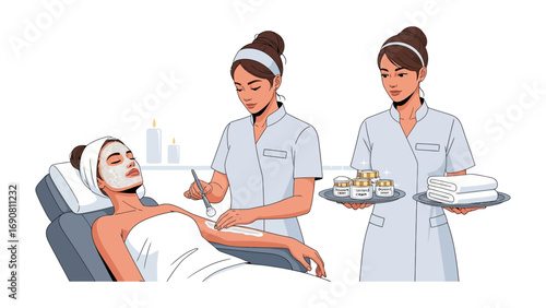 Skilled beauticians providing a luxurious facial treatment and spa services to a relaxed woman in a serene beauty salon environment