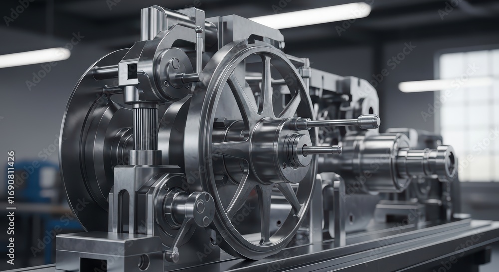 Fototapeta premium Close up view of complex metal machine. Industrial mechanism with gears and levers for manufacturing and engineering concept.