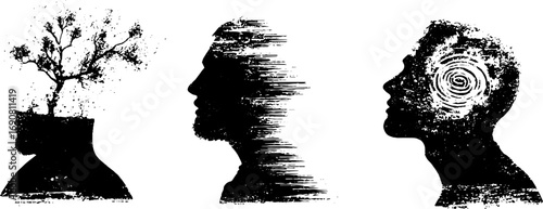 Grunge black and white illustration set with explosive silhouettes and abstract tree