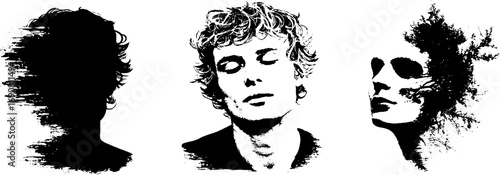 Grunge black and white exploding head silhouettes for urban art designs