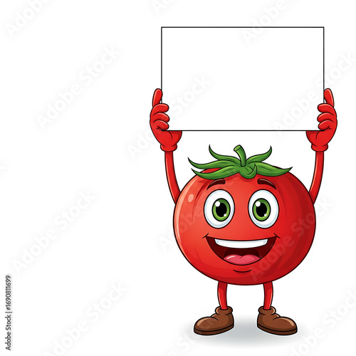 Cheerful Cartoon Tomato Character with Smiling Face Holding Blank White Sign on Bright Background