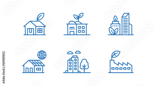 A set of six minimalist line art icons in blue against a white background, depicting sustainable and eco-friendly buildings.  