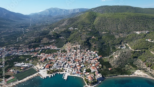 Fototapeta Naklejka Na Ścianę i Meble -  Aerial view around the city and harbour town Epidauros in Greece on a sunny autumn day.