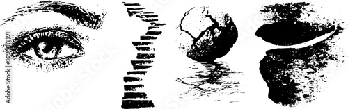 Grunge black and white eye set with abstract elements for urban design