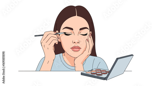 Young woman applying eye shadow with a brush from a makeup palette focused on her reflection and beauty routine