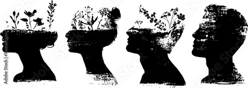 Grunge black and white double exposure silhouette faces with floral elements