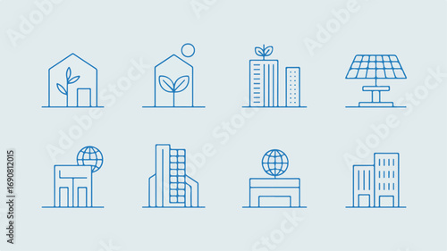 A set of six minimalist line art icons in blue against a white background, depicting sustainable and eco-friendly buildings.  